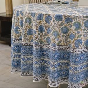 SOLD OUT - 120” round, hand made, block print, floral tablecloth. 100% cotton